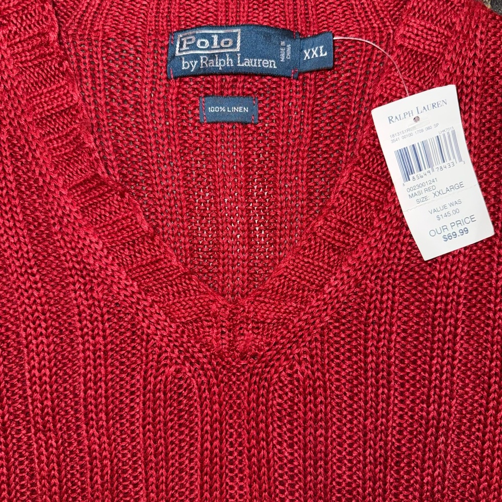 Ralph Lauren Men's Red V-Neck Linen Sweater 100% Linen with tags